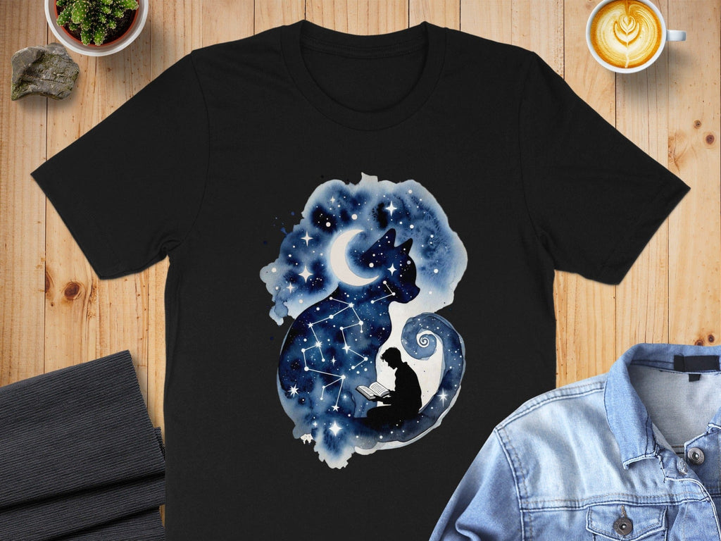Cosmic Cat Reading Galaxy T-shirt Astronomical Themed Apparel