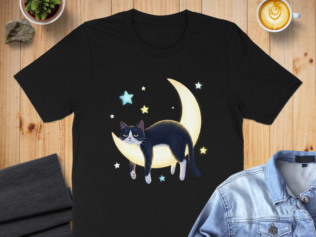 Cat on Crescent Moon with Stars Graphic T-Shirt