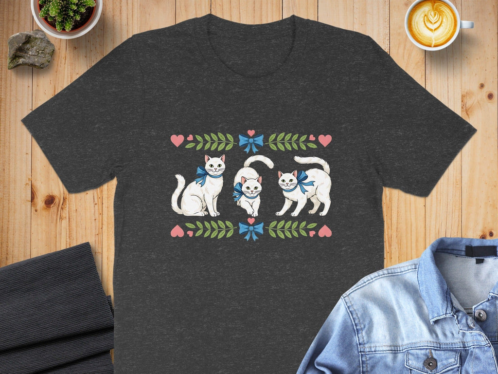 Adorable Cats Pattern With Hearts And Leaves Shirt