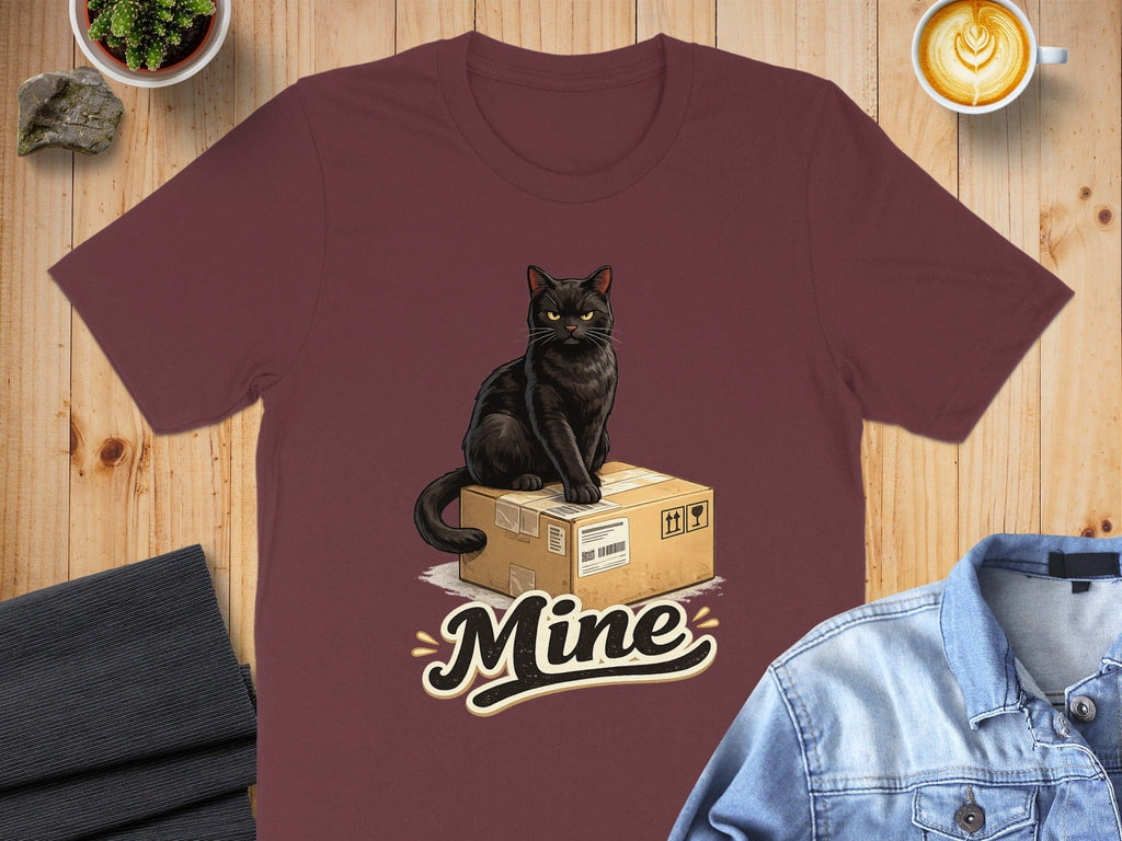 Black Cat Sitting on Box with Mine Text Shirt