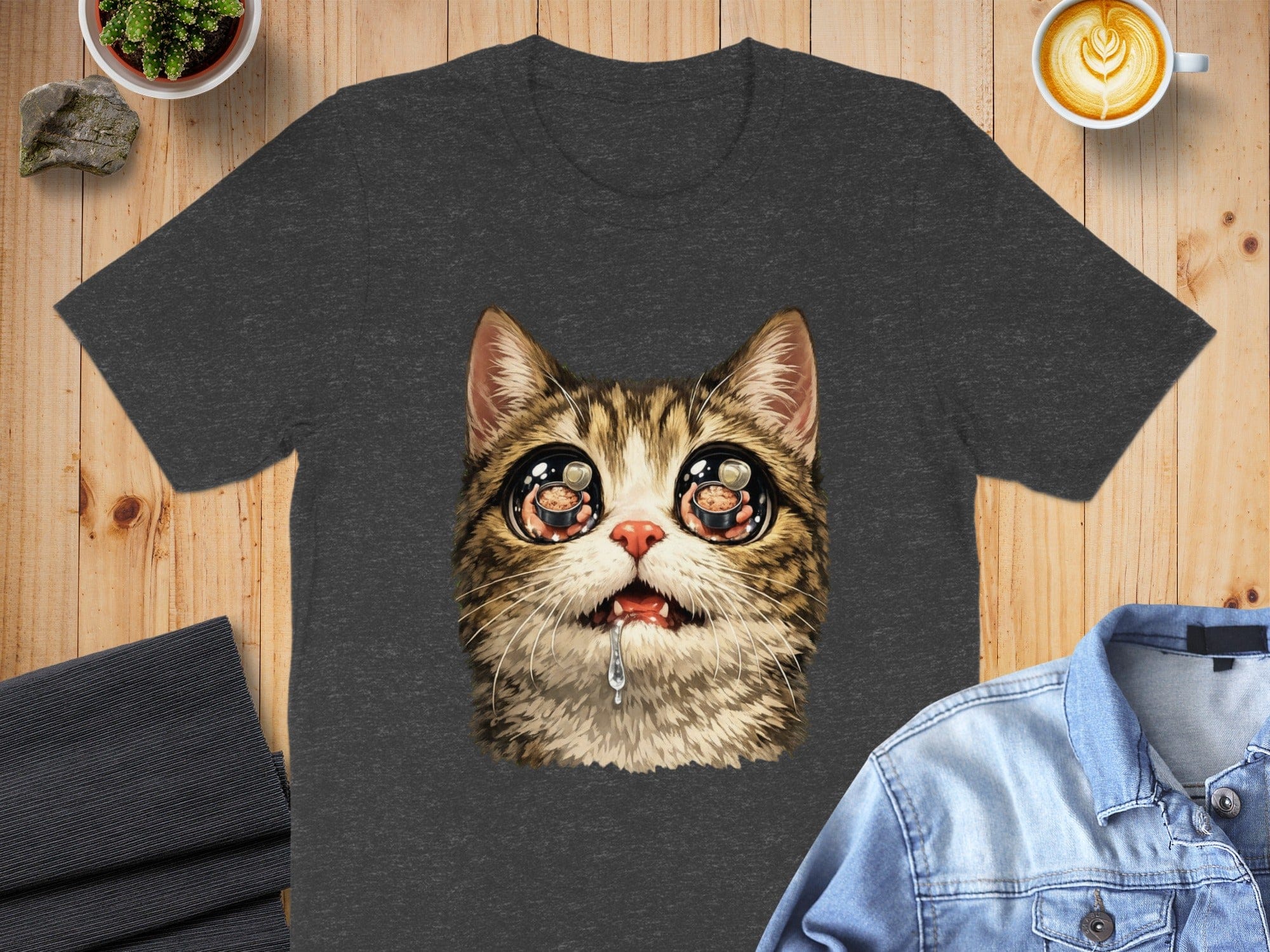 Crying Cat Illustration on Black T-shirt