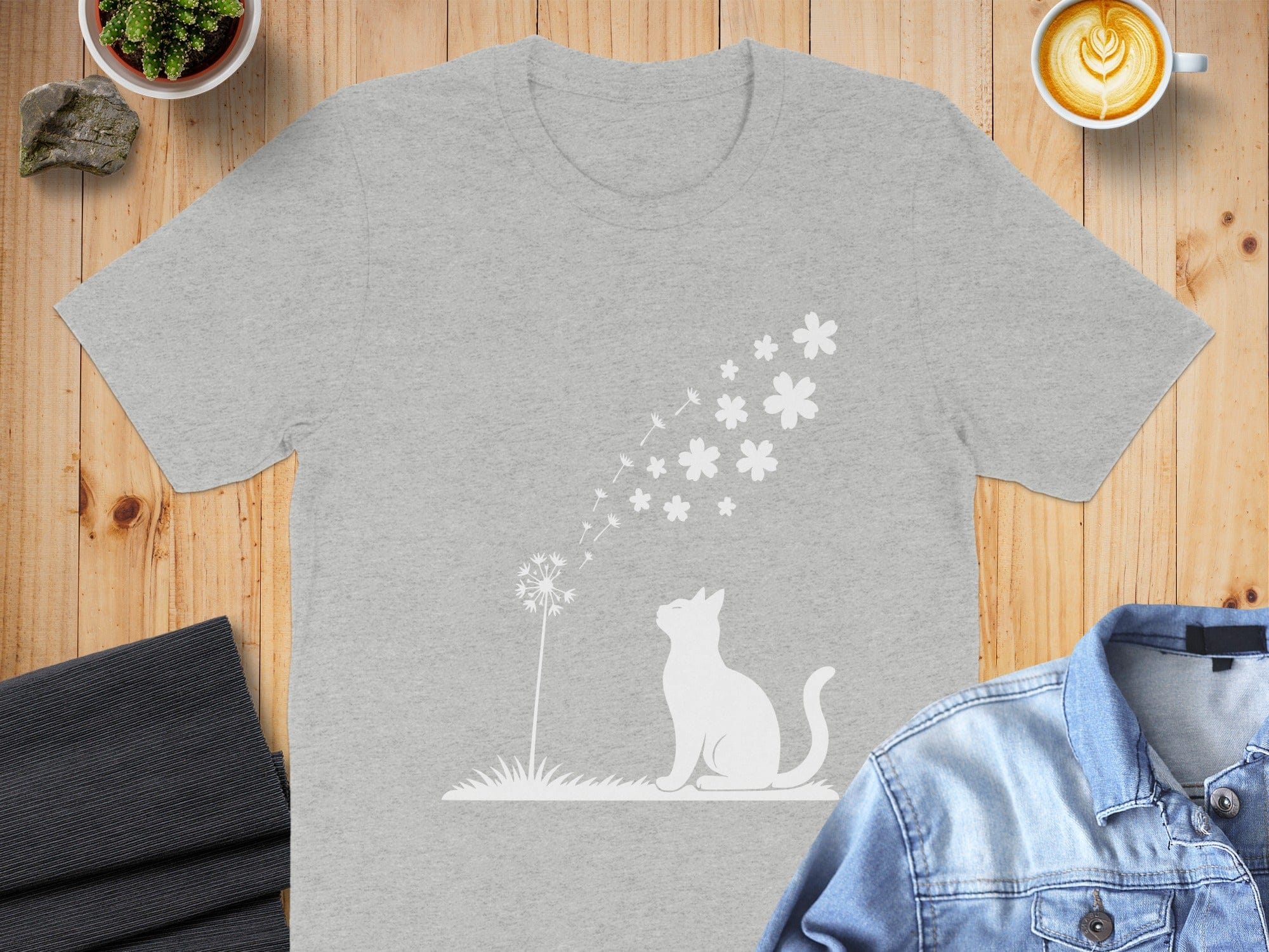 Cat and Dandelion Design T-Shirt for Casual Wear
