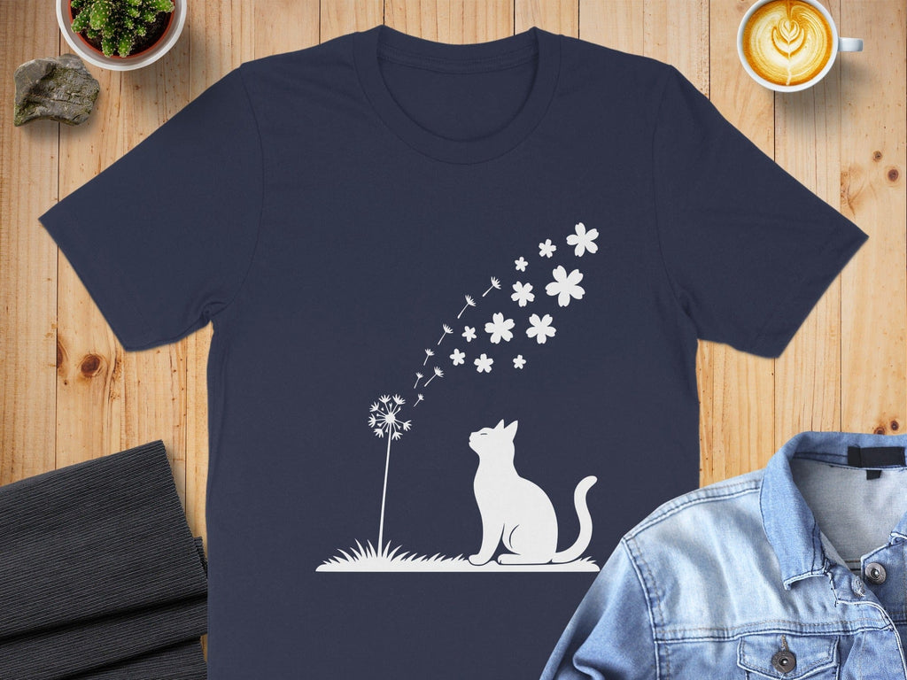 Whimsical Cat and Dandelion Graphic T-Shirt