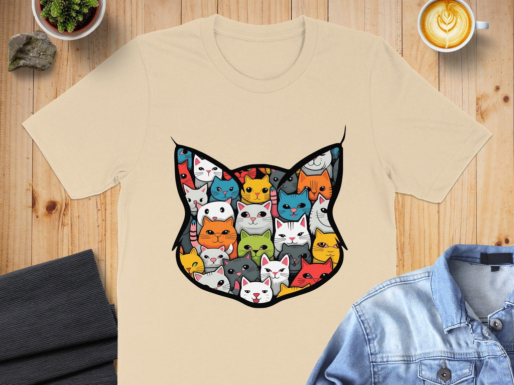 Illustrated Cat Faces Pattern T-Shirt