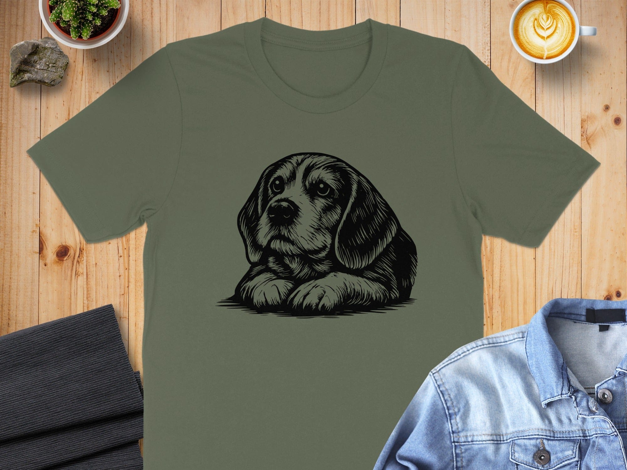 Adorable Puppy Graphic on Olive Green T-shirt