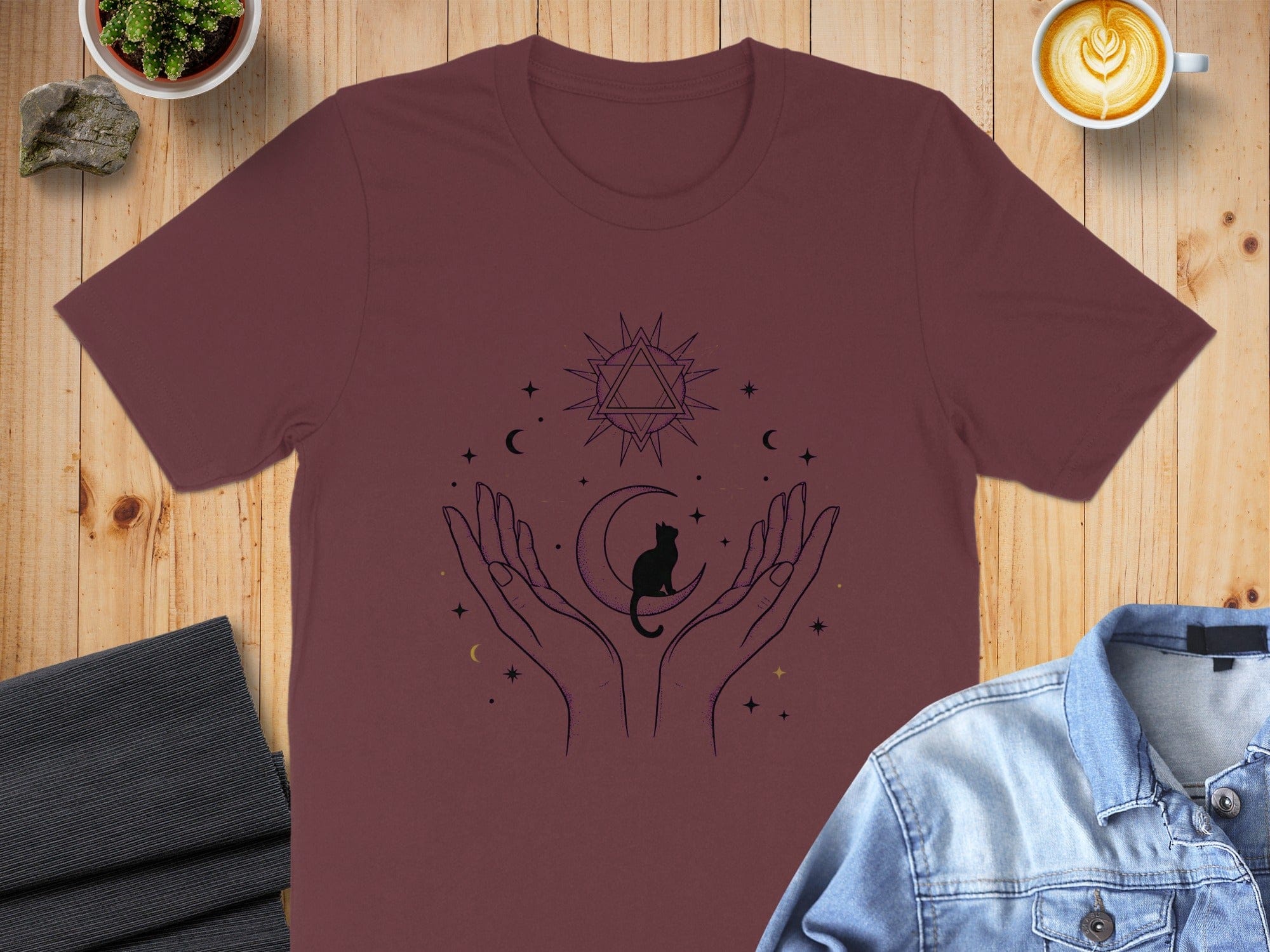 Mystical Hands Holding Cat and Moon Graphic T-Shirt