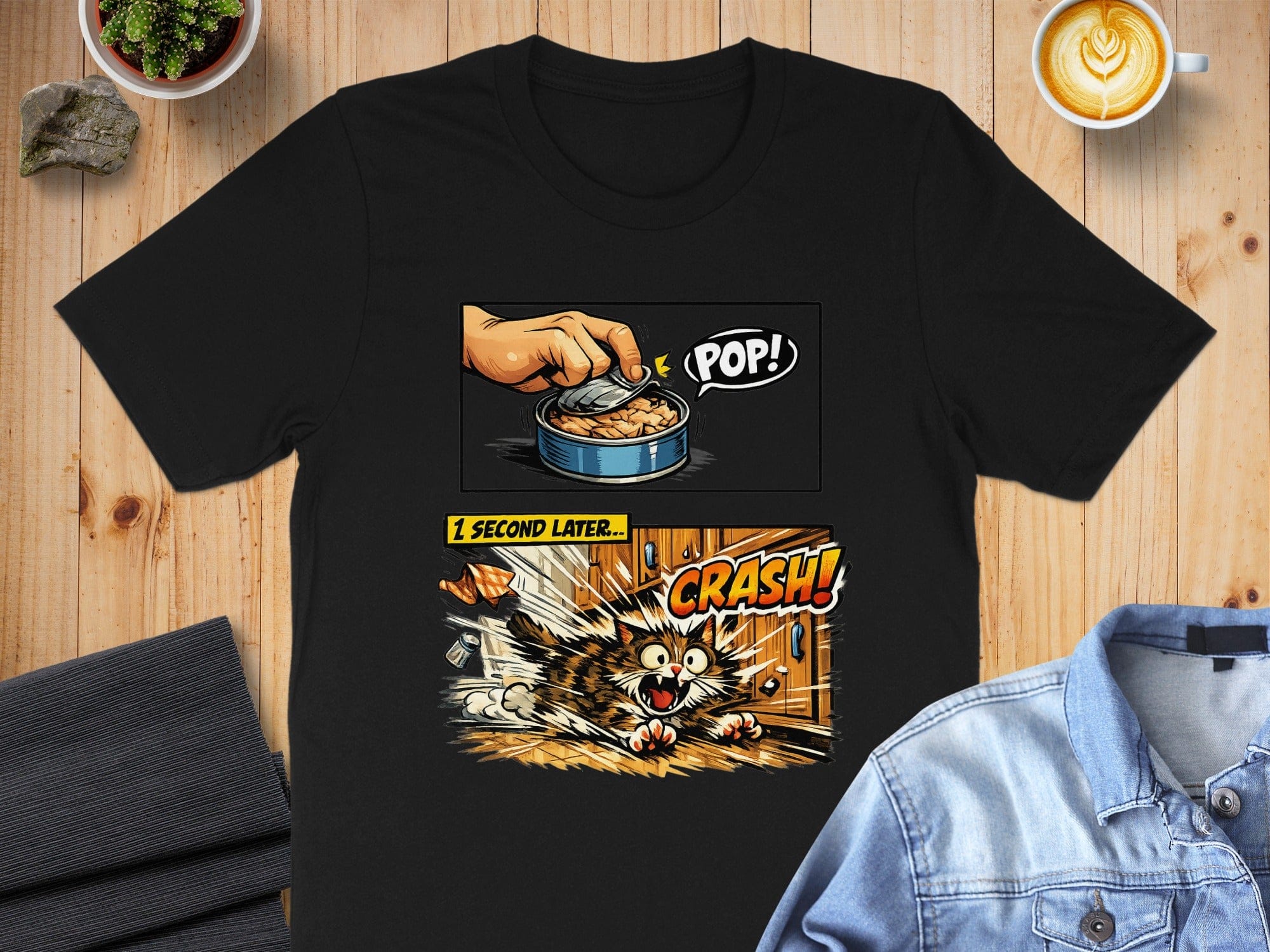 Funny Cat Comic Pop Crash Graphic T-Shirt for Cat Lovers