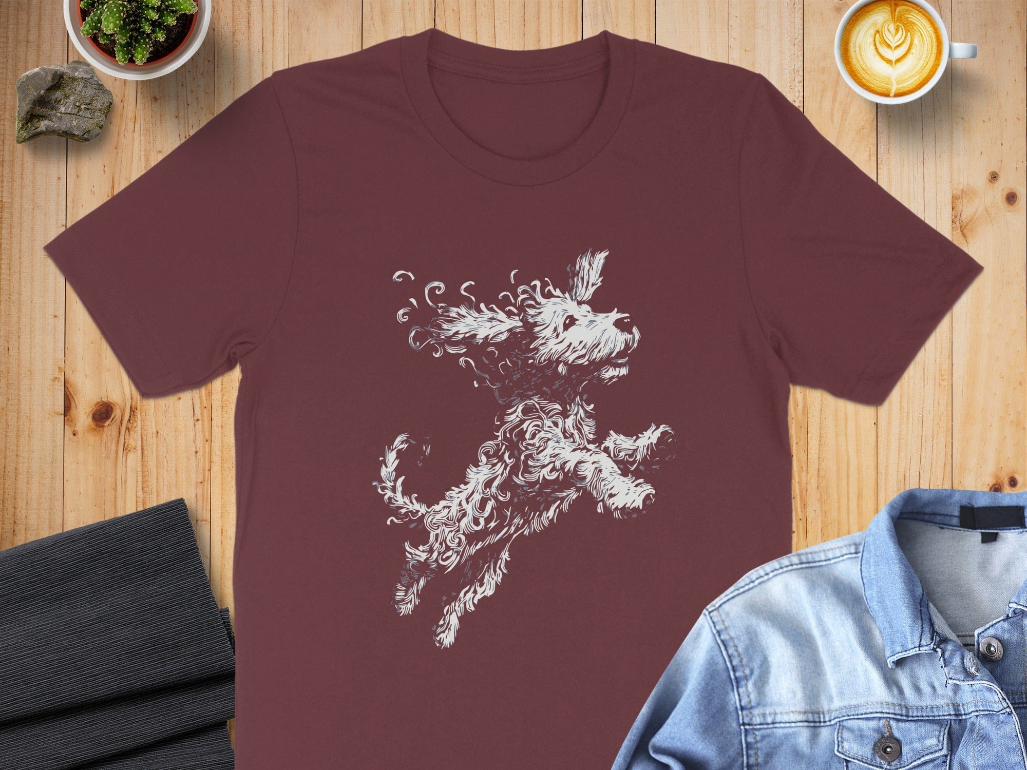 Playful Dog Illustration on Maroon Background Shirt