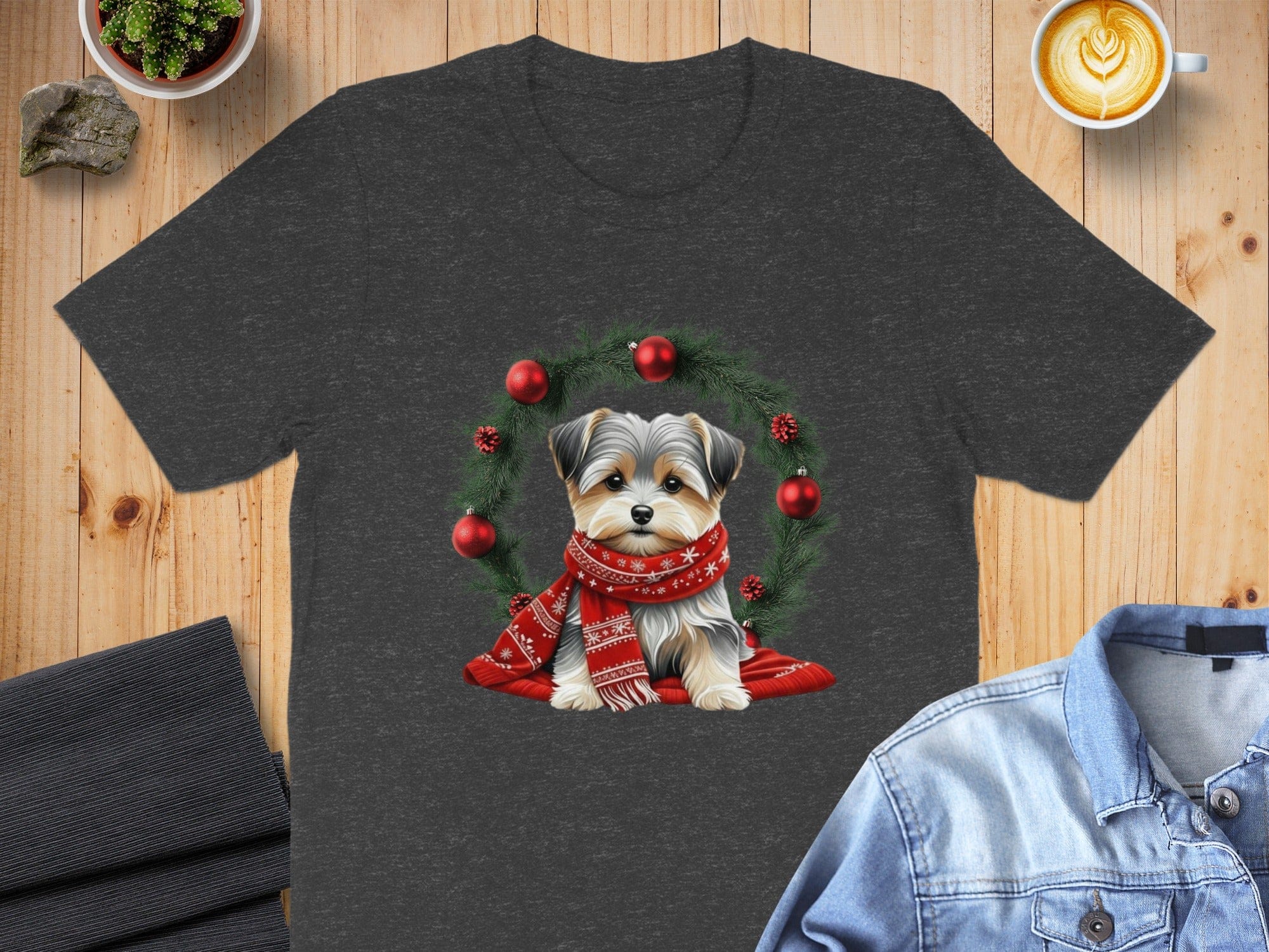 Cute Christmas Yorkie Wreath Illustration Shirt
