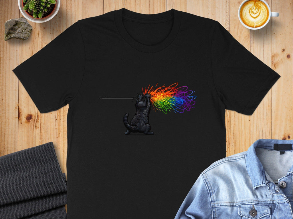 Rainbow-Creating Cat Graphic on Black T-shirt