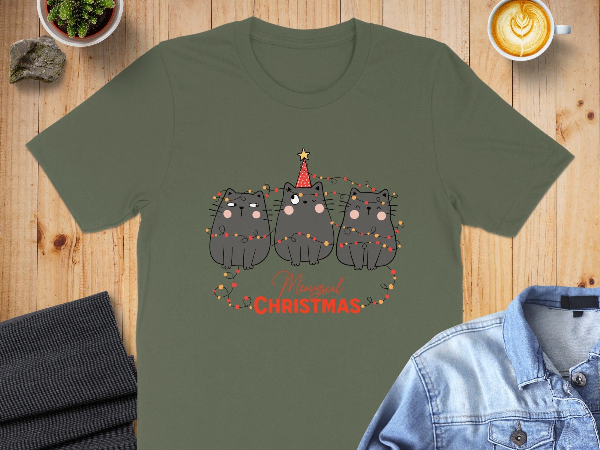 Three Black Cats with Christmas Lights T-Shirt