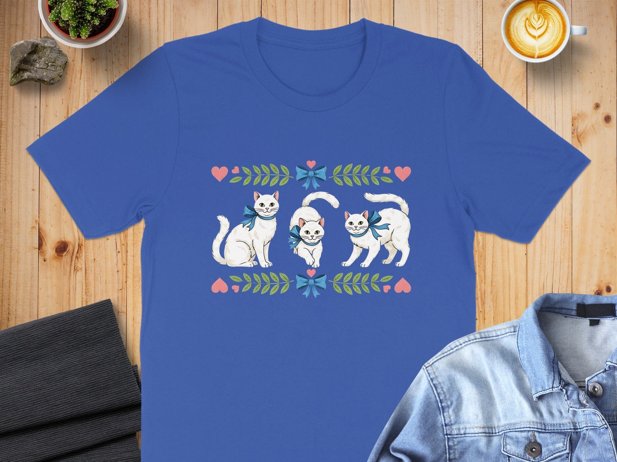 Three Cute Cats Design with Heart and Leaf Accents