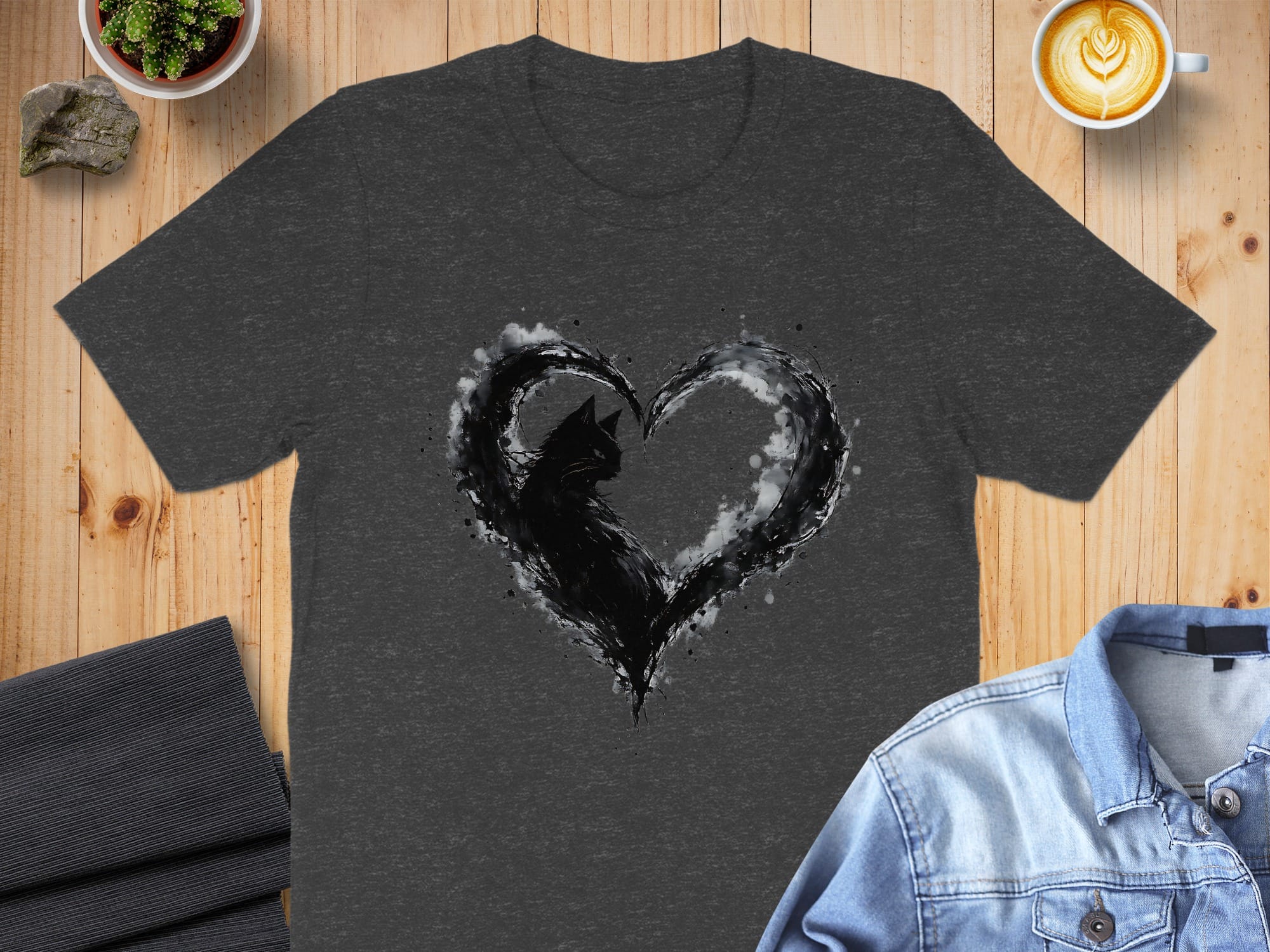 Heart and Cat Graphic Printed T-shirt for Casual Wear