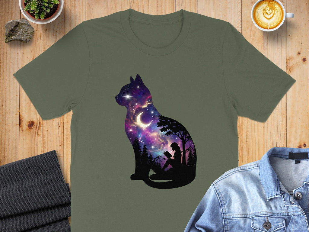 Galaxy Cat Silhouette with Reading Woman T-shirt