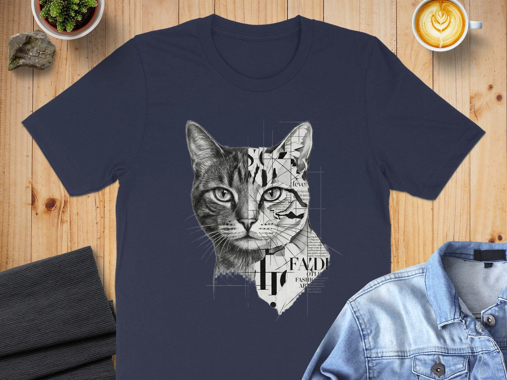 Cat Face Printed Navy Blue Casual T-shirt Product