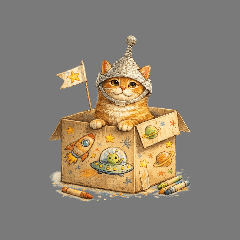Space Adventures Cat in Box with Crayons Illustration