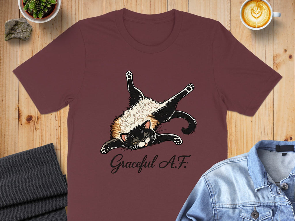 Graceful A.F. Cat Print on Maroon T-shirt