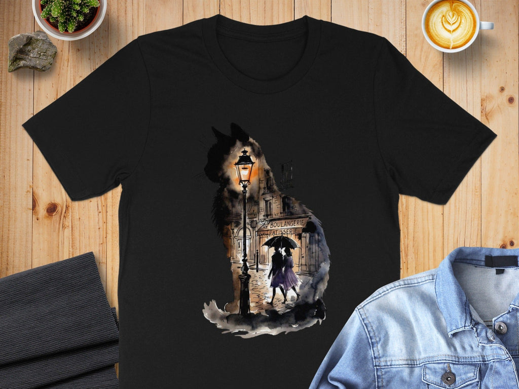 Parisian Cat and Lamp Post Illustration T-Shirt