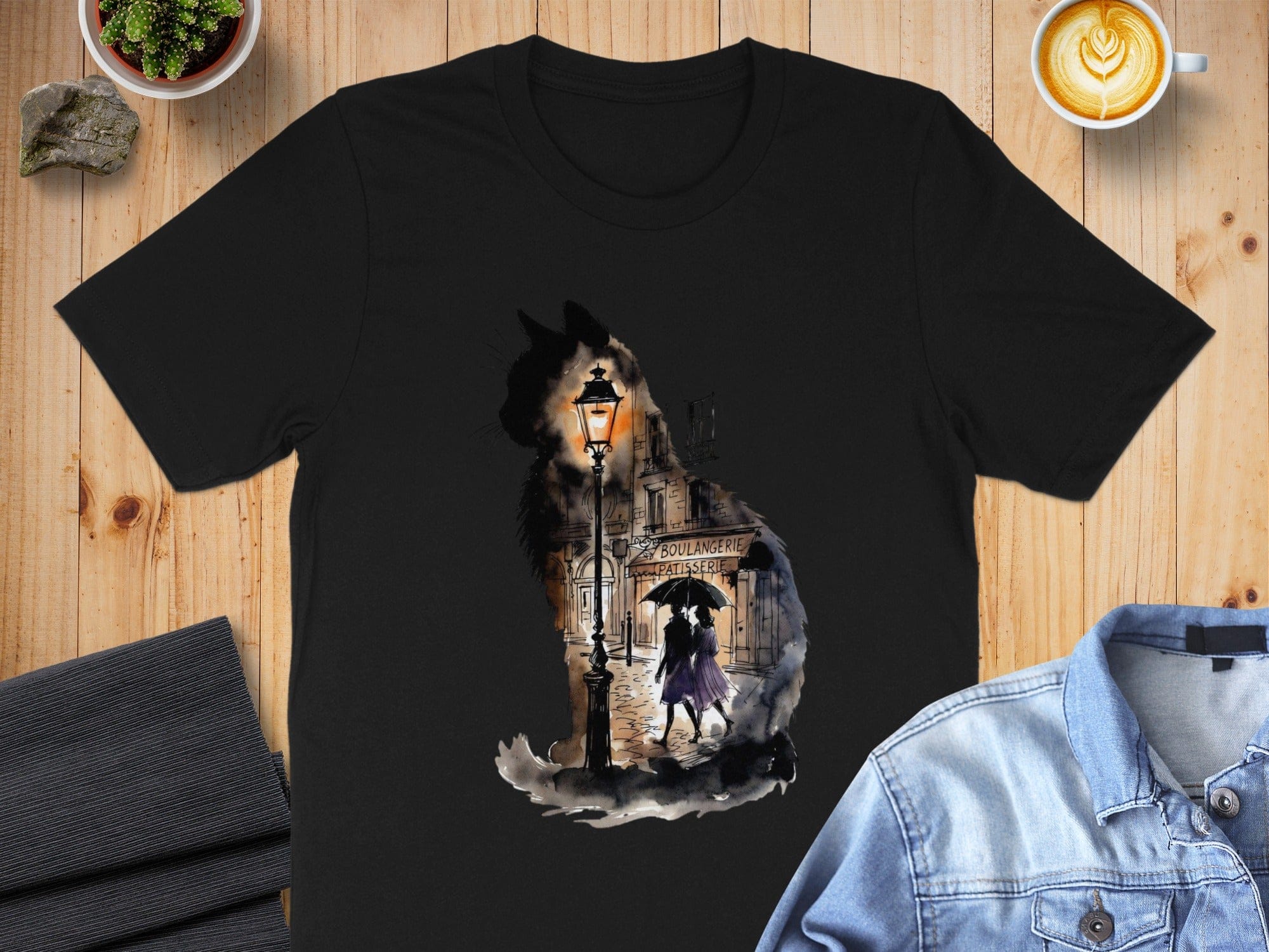 Parisian Cat and Lamp Post Illustration T-Shirt