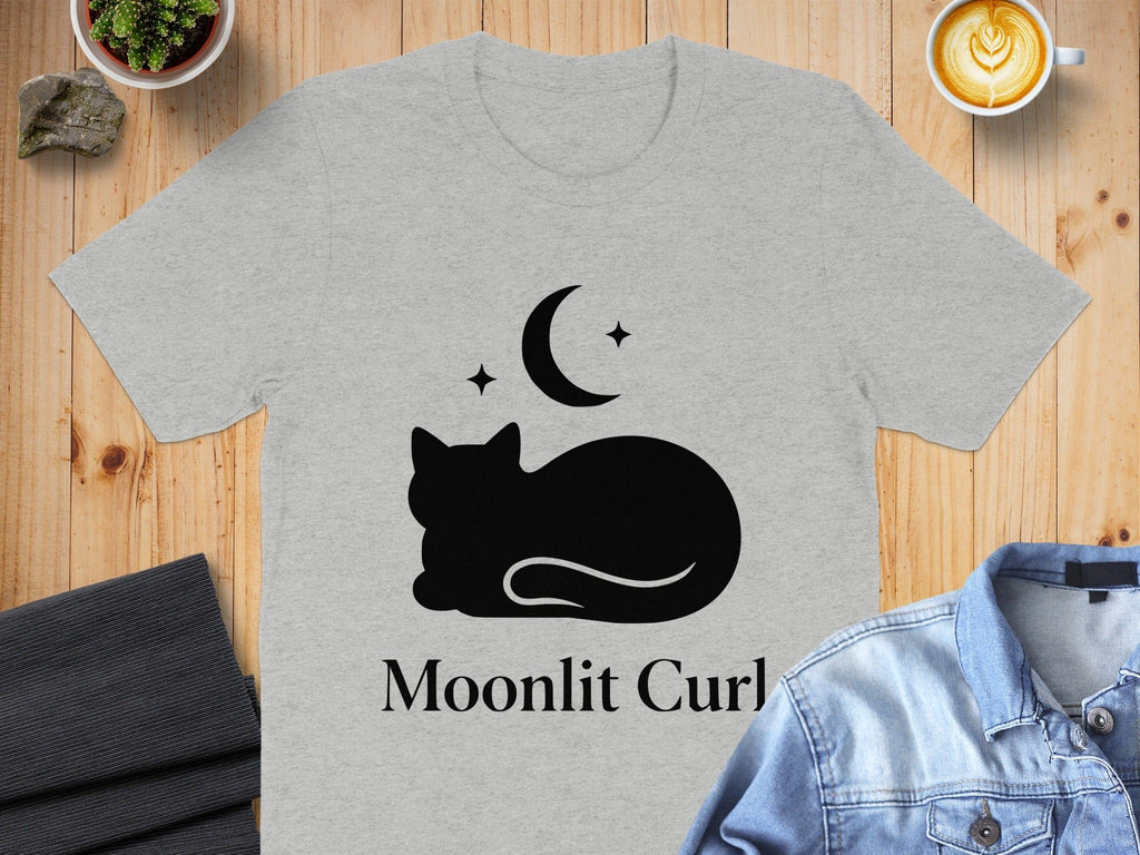 Moonlit Curl Cat Shirt with Night Sky Design