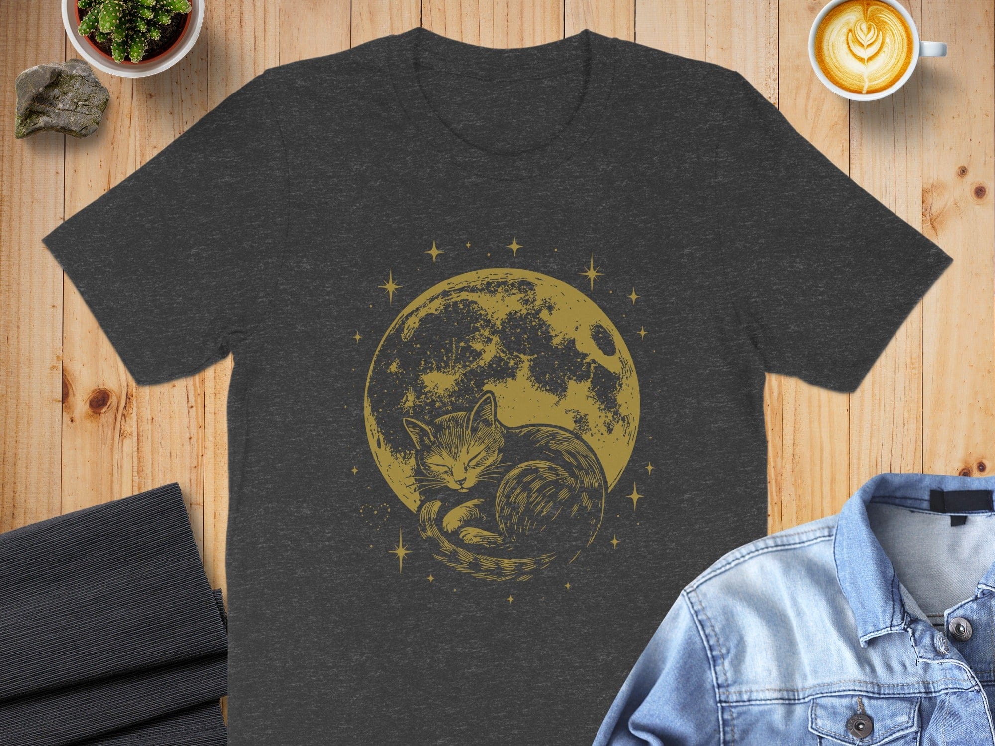 Sleepy Cat with Moon Graphic on Black T-Shirt