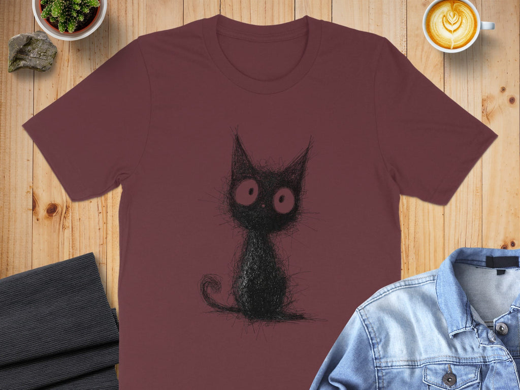 Cute Black Cat with Big Eyes Unique Artwork T-shirt