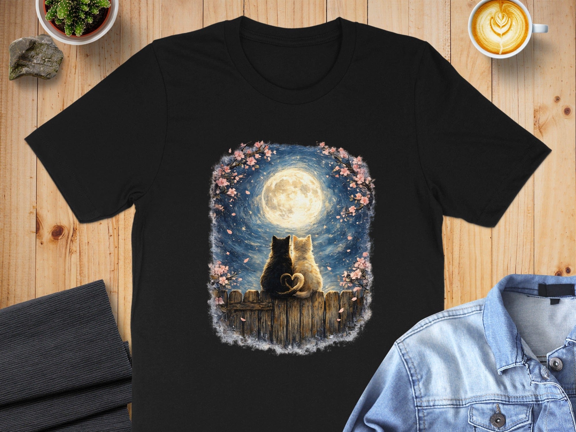 Cats Stargazing Under Full Moon Graphic T-Shirt