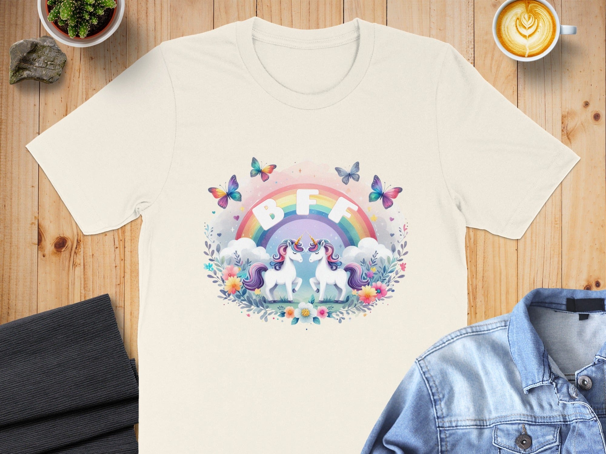 Cute BFF Rainbow Unicorn T-Shirt with Butterflies