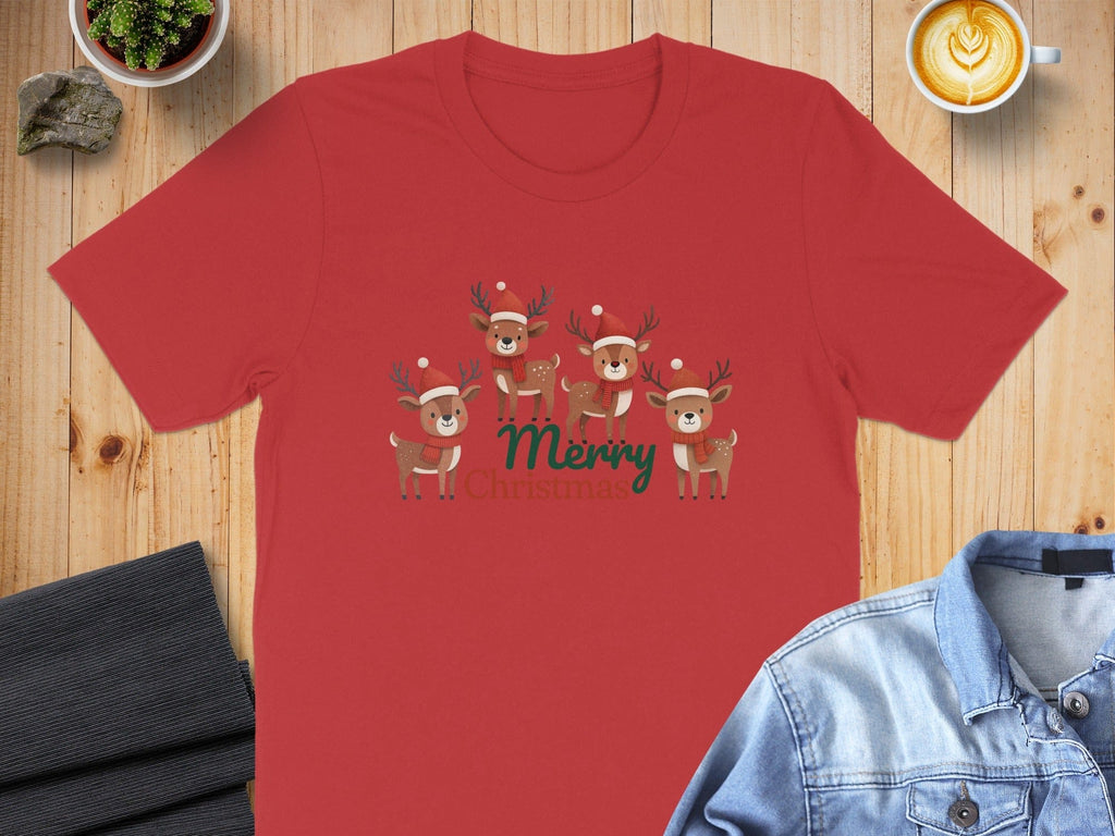 Festive Red T-Shirt with Cute Reindeer Design for Christmas