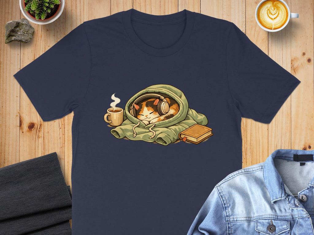 Cozy Cat Hoodie Headphones Coffee Book Graphic T-shirt