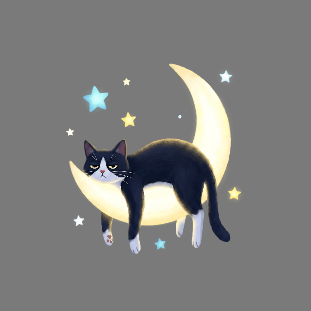 Black and White Cat with Yellow Moon Art Print