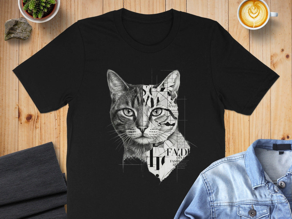 Unique Artistic Cat with Magazine Cut Out Graphic T-shirt