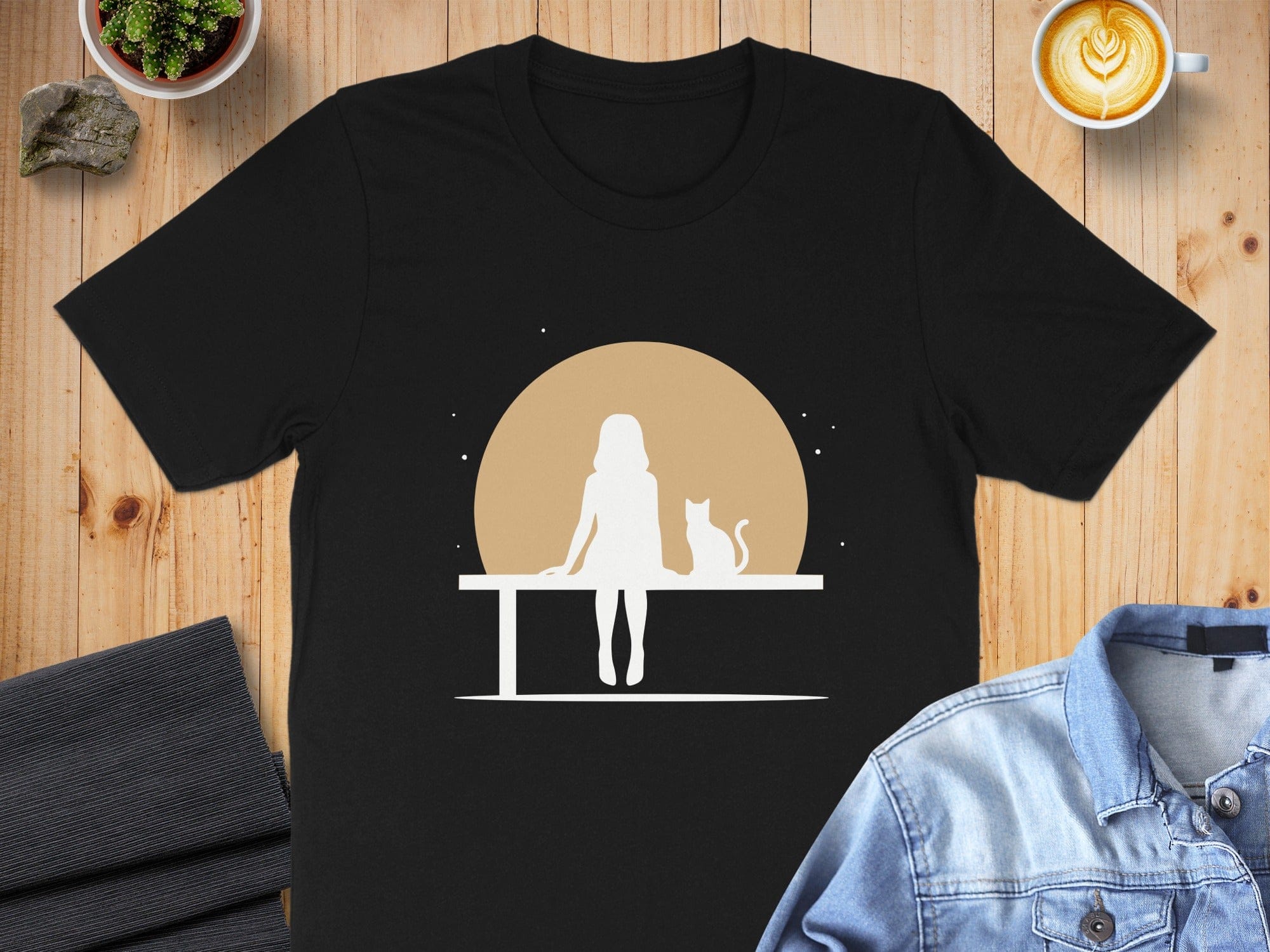 Silhouette Girl with Cat Under Moon Graphic Tshirt