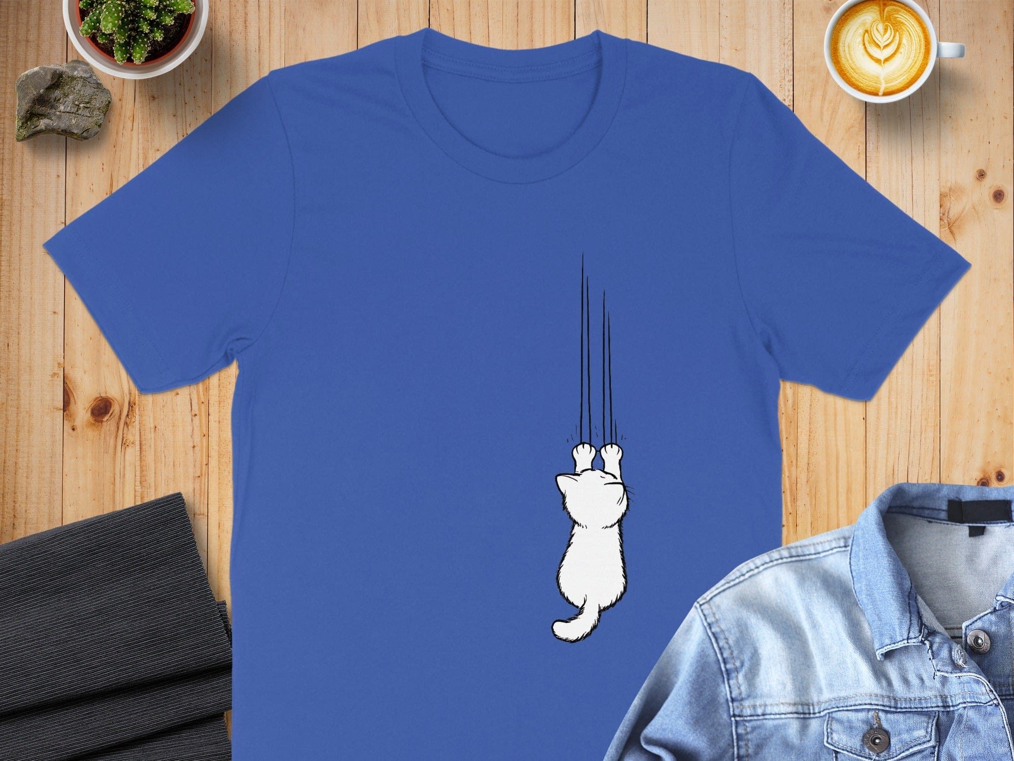 Climbing White Cat on Blue Short Sleeve Graphic T-Shirt