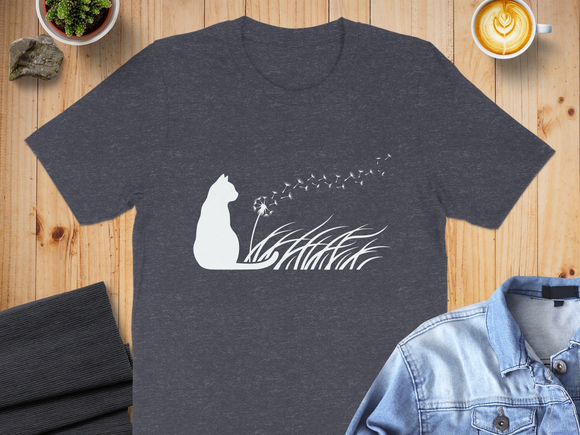Cat Dandelion Graphic Design Black T-shirt