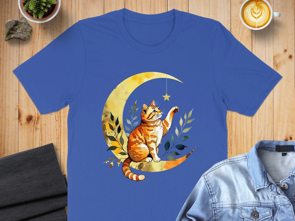 Whimsical Cat on Crescent Moon Graphic T-Shirt