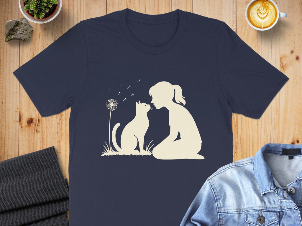 Girl and Cat with Dandelion Printed T-Shirt