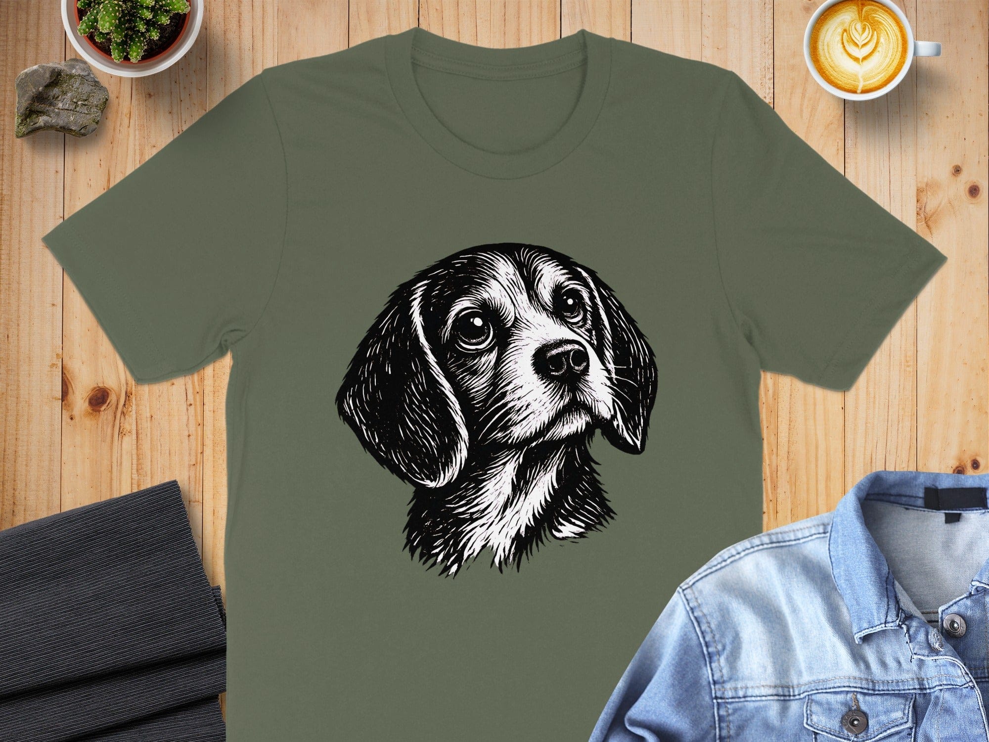 Beagle Dog Illustration on Olive Green T-Shirt