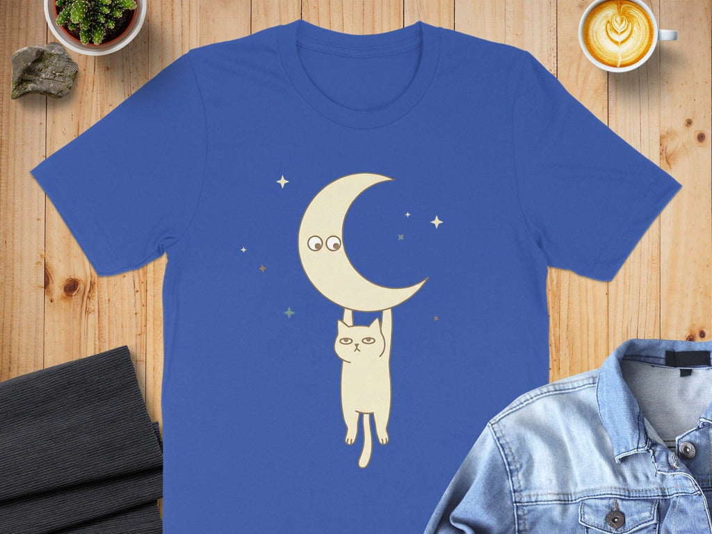 Cute Cat Hanging from Crescent Moon T-shirt