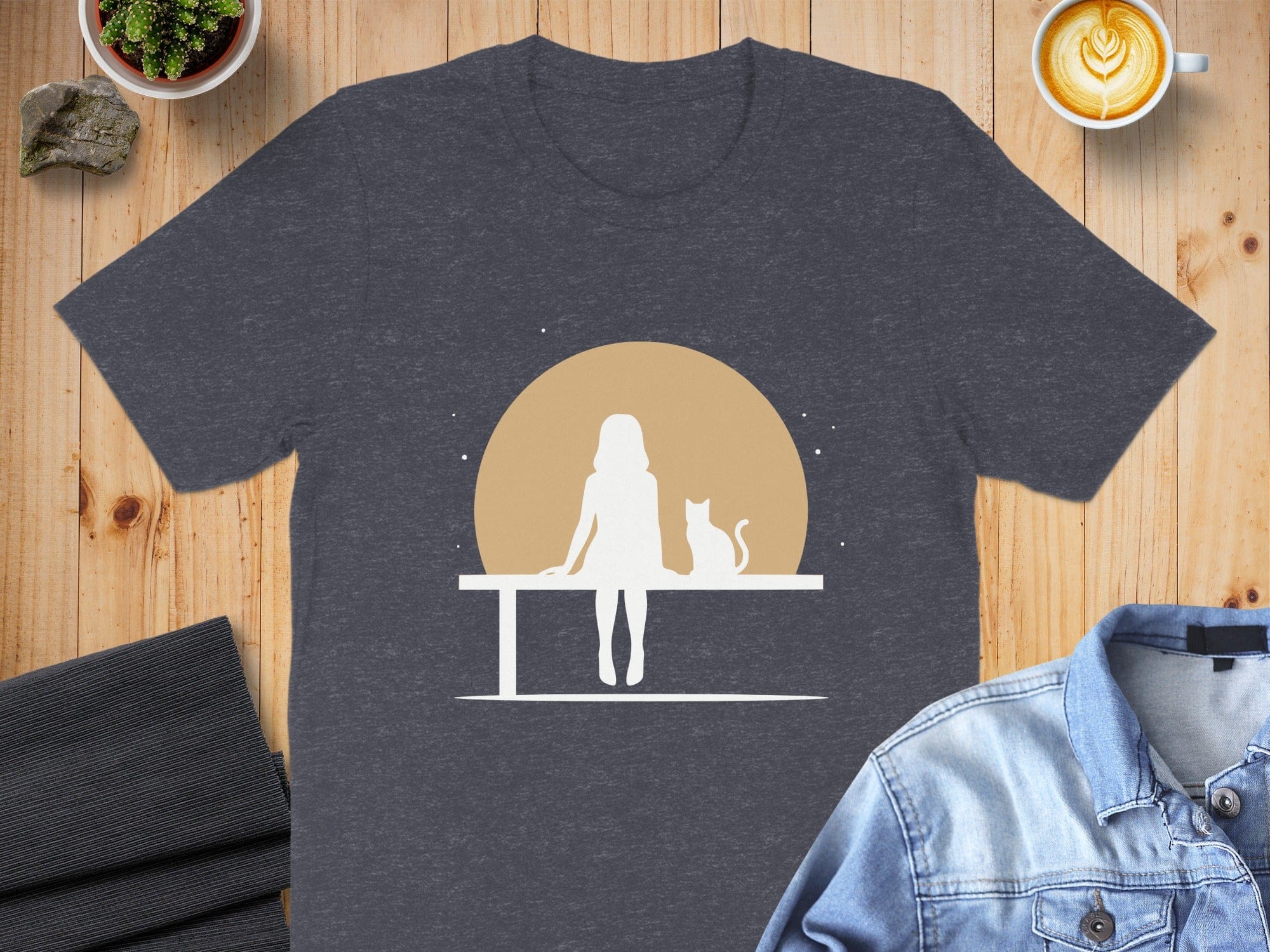 Woman and Cat Silhouette on Moon T-shirt