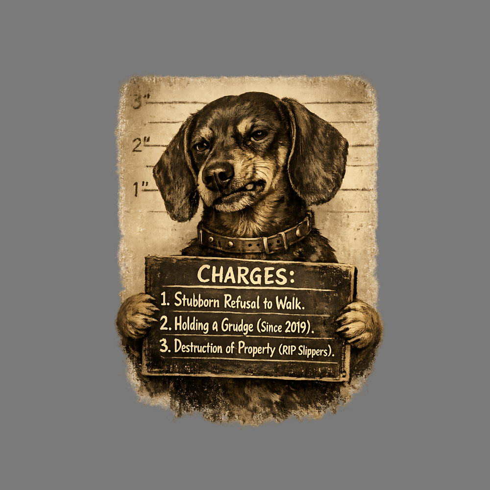 Funny Doggy Mugshot Print With Humorous Charges Graphic