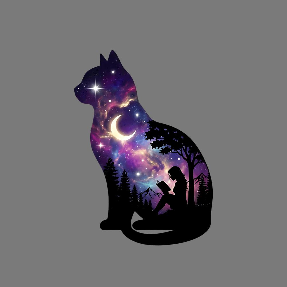 Cosmic Cat Silhouette with Reading Girl Art Product