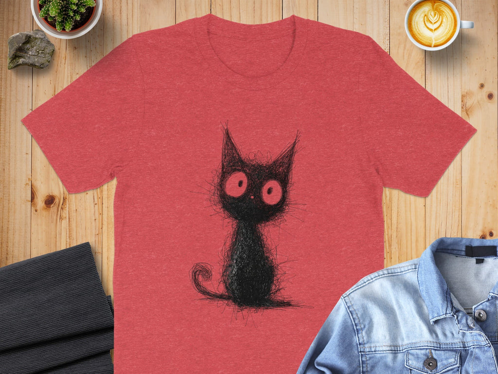 Quirky Black Cat Illustration on Red Unisex T-Shirt