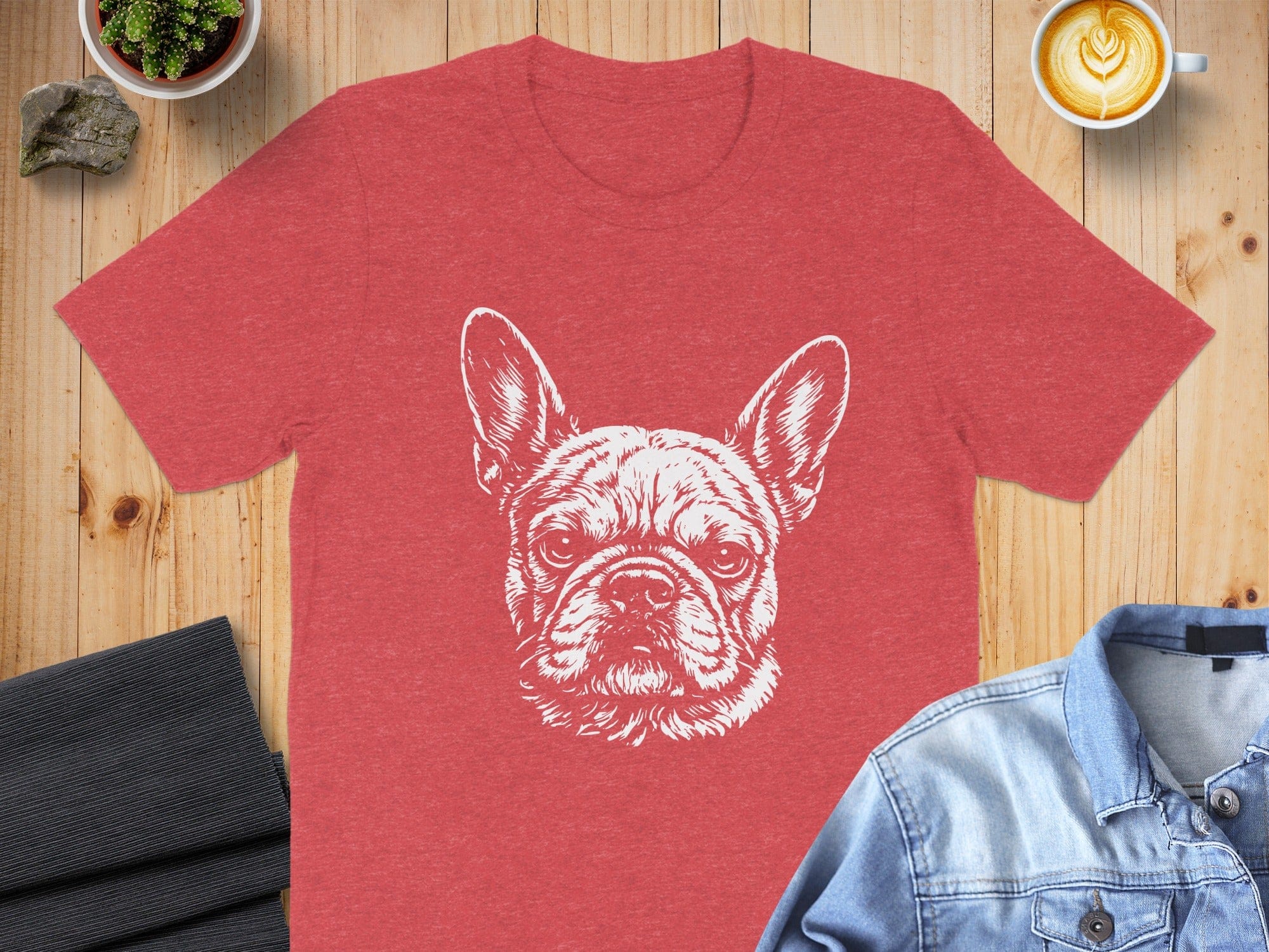 Red T-Shirt Featuring Detailed French Bulldog Print Design