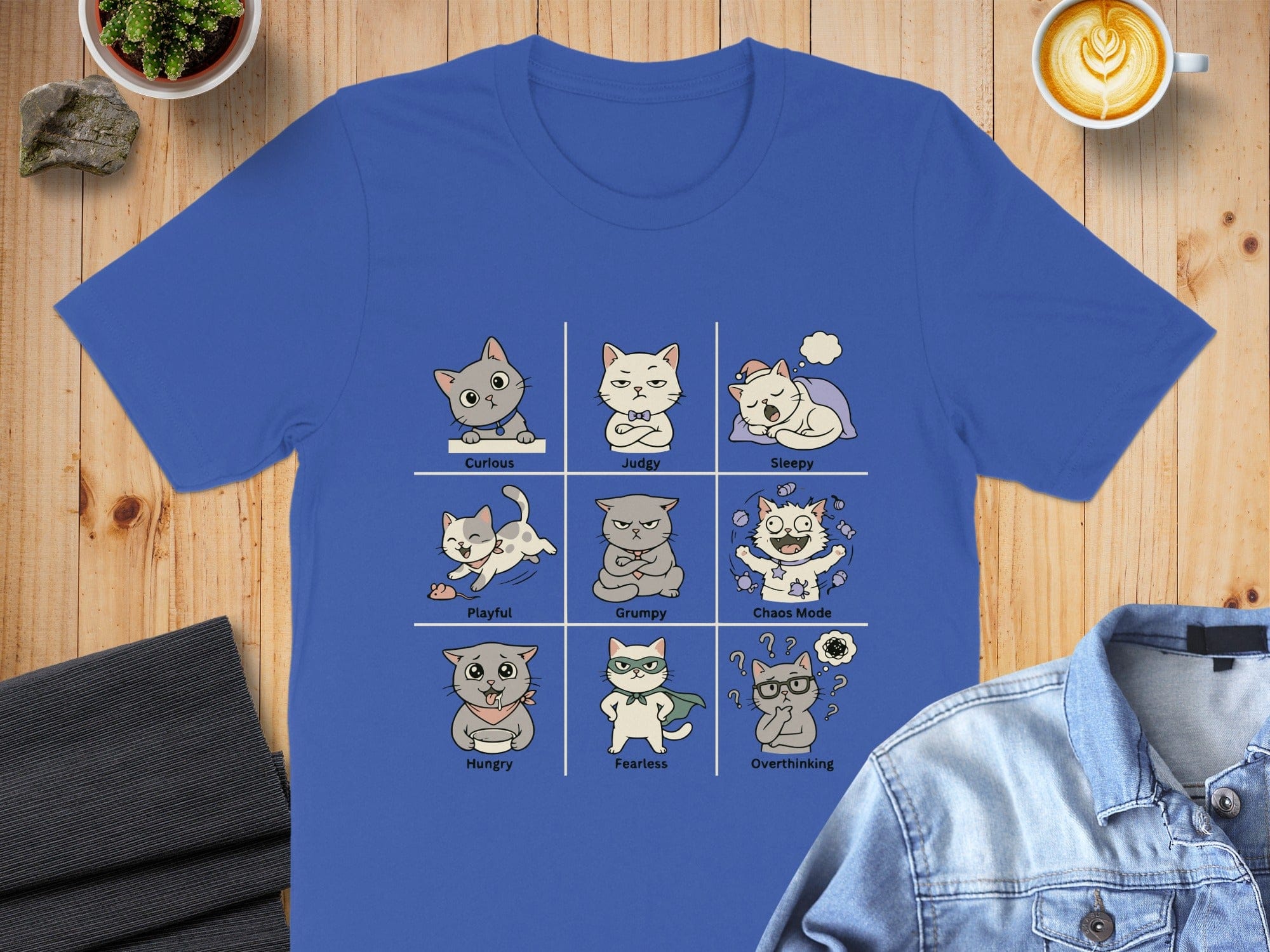 Cute Cat Poses Shirt with Colorful Cartoon Illustrations