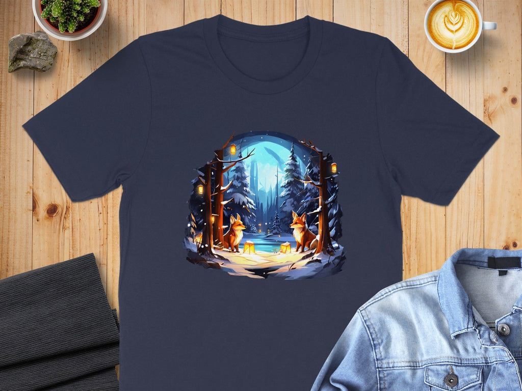 Enchanting Winter Forest with Foxes Design T-Shirt