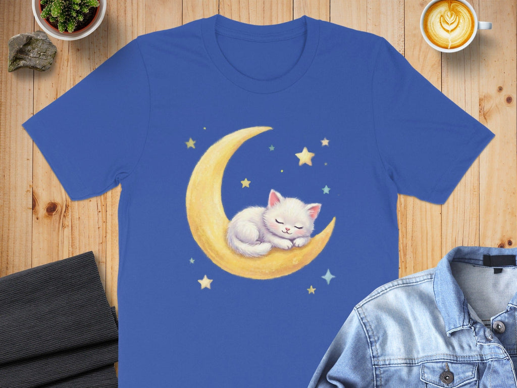 Cute Sleeping Kitten on Crescent Moon Stars Graphic Tee