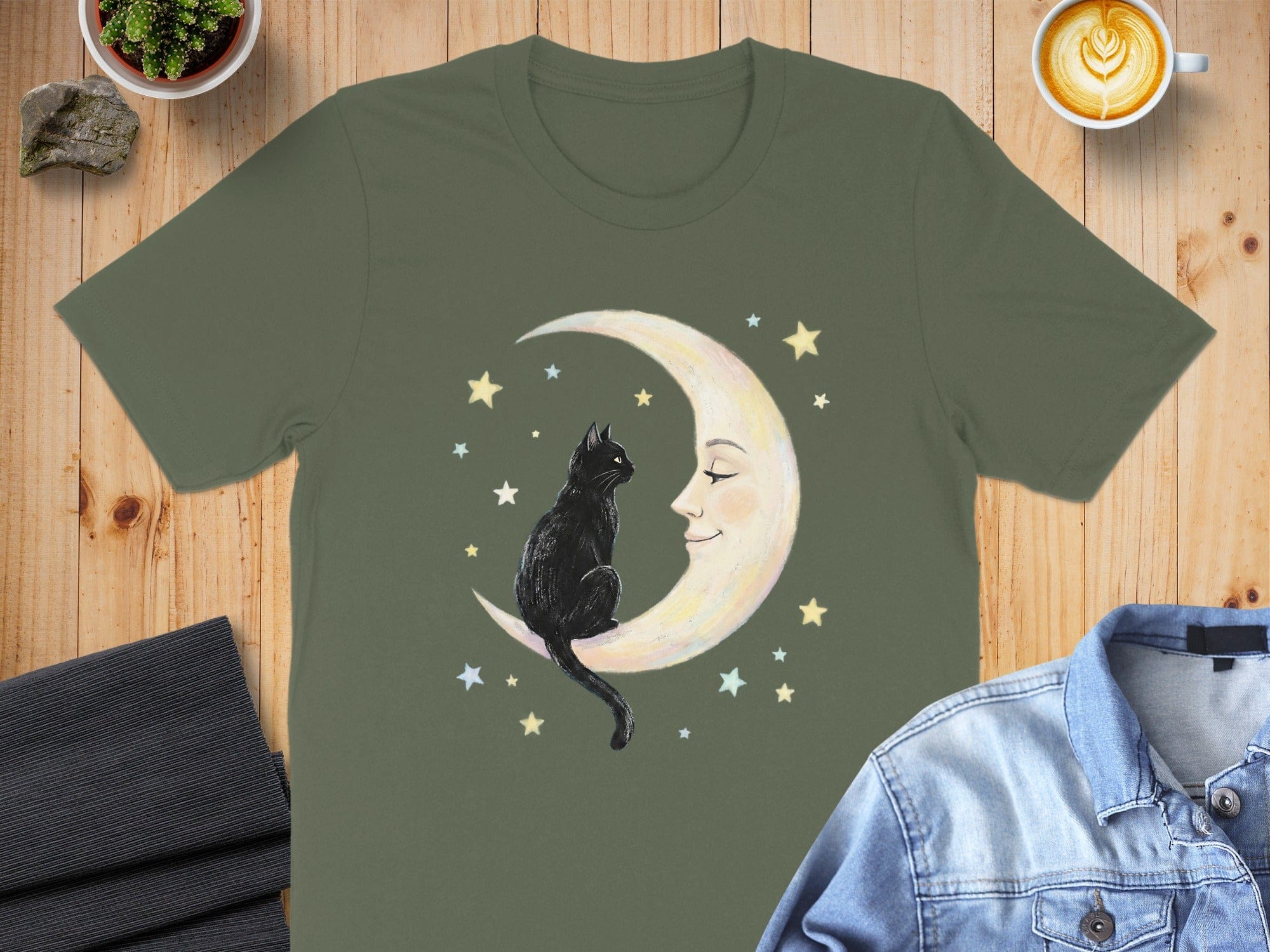 Black Cat Sitting on Crescent Moon Stars T-shirt