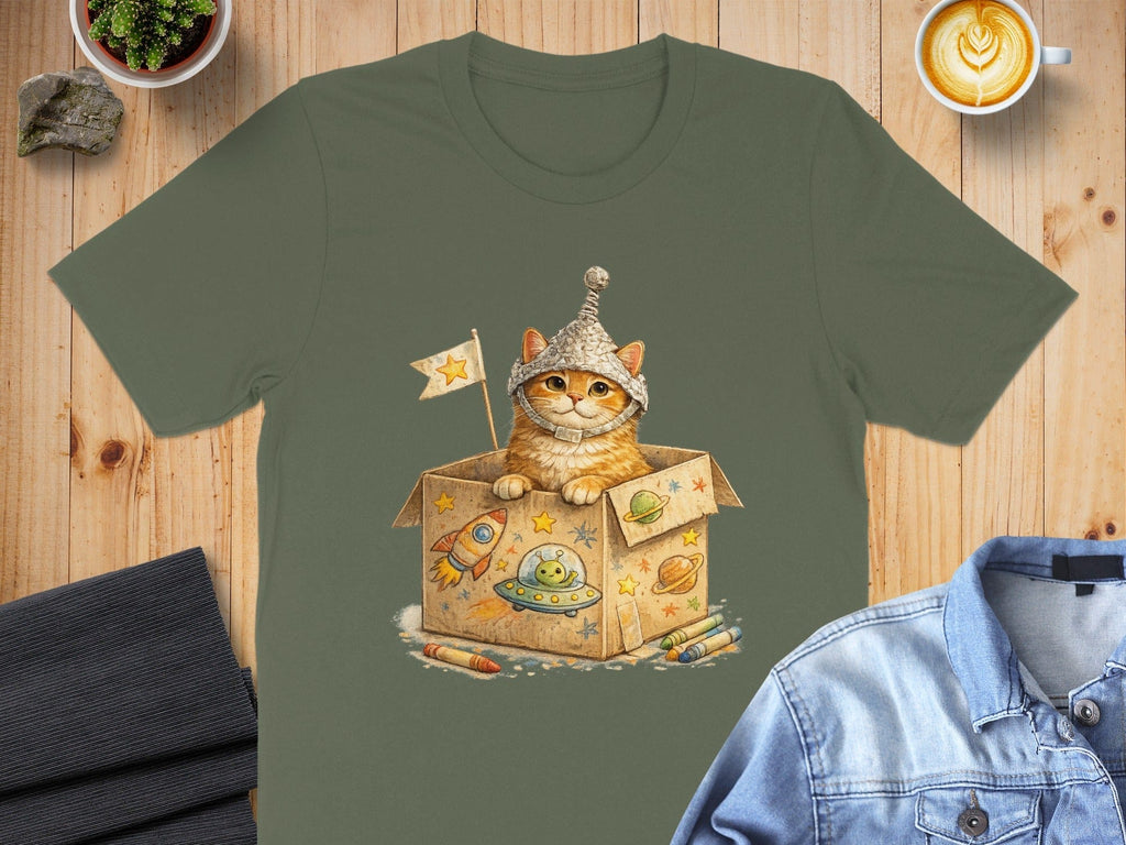 Cute Cat with Box and Space Graphics T-Shirt