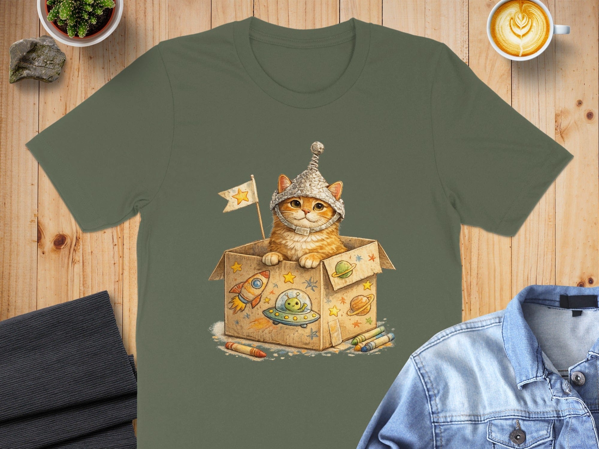 Cute Cat with Box and Space Graphics T-Shirt